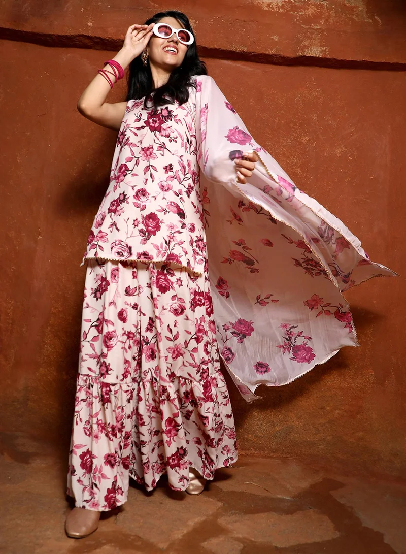  قصة Women's Baby Pink Botanical Kurti And Sharara Set For Casual Wear | Round Neck | Sleeveless | 3 Piece Kurta Set Designed With Comfort Fit For Everyday Ethnic Wear